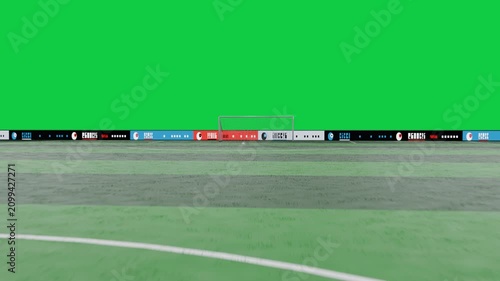 Camera starting low moving forward toward goal ball sitting showing goal and ads on transparent bg