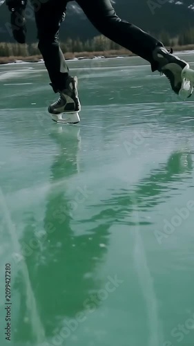 Vertical video: Pushing off skater gliding on green ice with hockey skates, doing hops for fitness