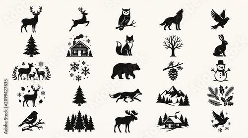 Sixteen black silhouette icons of woodland and winter elements: deer, rabbit, fox, owl, cabin, trees, snowflakes, holly, and birds in rustic seasonal style…