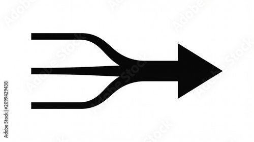   
Black arrow with three curved lines merging into one shaft, symbolizing convergence, unity, and integration in simple geometric design…
