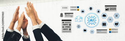фотографія Diverse hands raised in collaboration signify support for innovative AI technology, accompanied by graphic elements representing digital trends and communication evolution