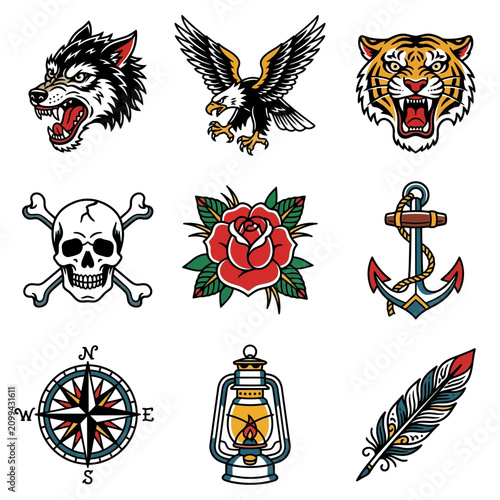 Traditional Tattoo Flash Art Collection: Wolf, Eagle, Tiger, Skull, Rose, Anchor, Compass, Lantern, Feather