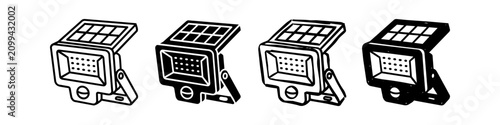 Photos A set of solar-powered outdoor floodlight icons featuring motion sensors and panels