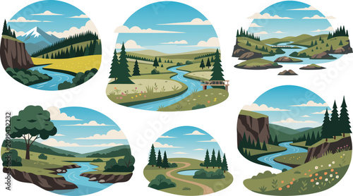 Cuadro en lienzo Collection of river landscapes flowing through hills with beautiful nature scene