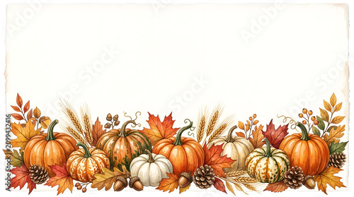 Festive thanksgiving background with pumpkins maple leaves and wheat autumn holiday border design