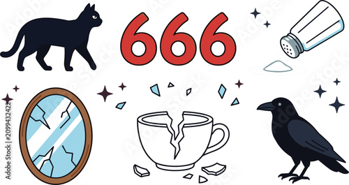 Cuadro en lienzo Superstition and bad luck vector set featuring black cat number 666 spilled salt