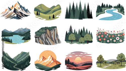 Cuadro en lienzo Different mountain landscape vector set with forests hills rivers and lakes