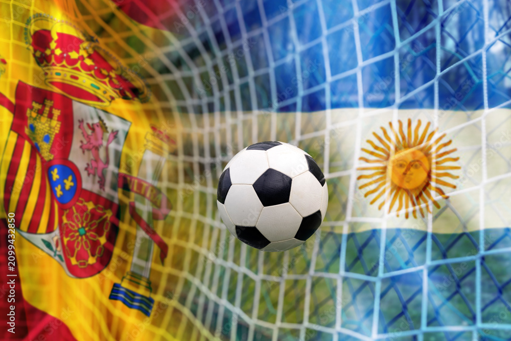 Fototapeta premium Soccer ball and the flag of Argentina and Spain