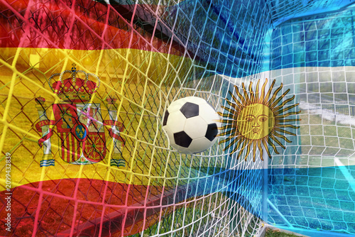 Konstfotografi Soccer ball and the flag of Argentina and Spain