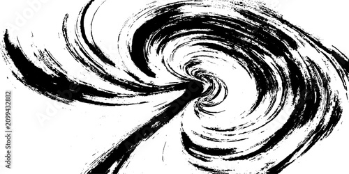 Photos An abstract, black and white ink brushstroke captures a dynamic vortex, symbolizing raw energy and artistic expression