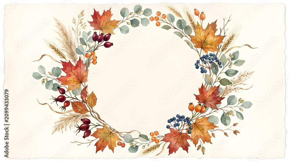 Fototapeta premium Elegant thanksgiving background with fall leaves berries wheat perfect for invitations holiday graphics