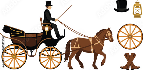 Fotografía Traditional victorian horse drawn carriage illustration bundle featuring gentlem