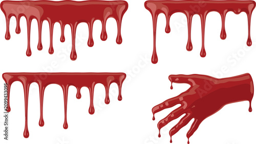 Dripping blood set with red liquid drips splatters and a bleeding horror hand for spooky halloween holiday design vector