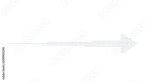 Horizontal abstract arrow made of blue dots on grey transparent background.