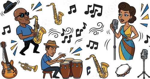Slika na platnu Vintage blues musicians cartoon character collection with black female vocalist