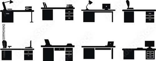 Cuadro en lienzo Silhouettes of office desks with various office supplies and equipment furniture