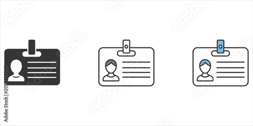 Three Identification Badge Icons with Different Styles on White Background Keywords: id, badge, card, identification, access