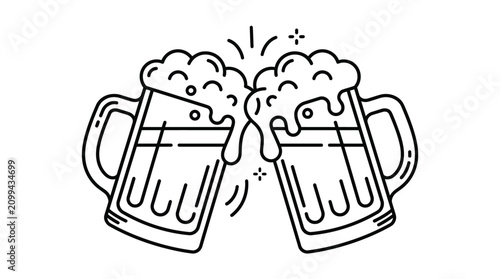Bild auf Leinwand Two beer mugs clinking together line art icon.