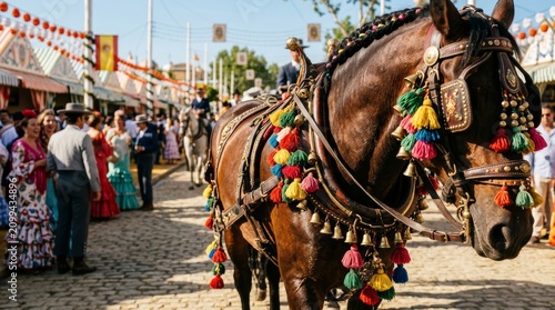 Decorated horse with traditional harness at Spanish fair. Andalusian culture festival with woman and man in folk costume. Celebration of Feria de Abril in Seville, Spain. Travel concept.