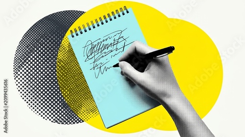 A composite photo collage featuring a hand holding a pen writing on a notepad paper planner.