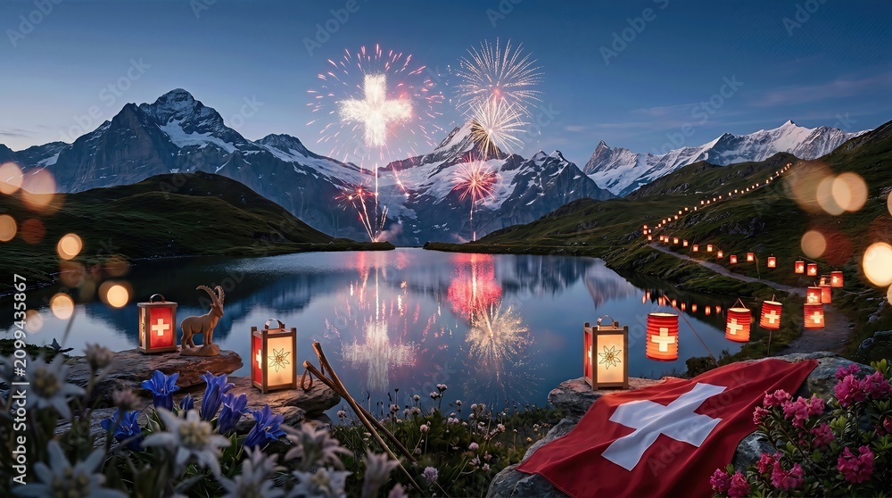 Obraz premium Swiss National Day celebration, August first festive display over a quiet alpine lake, reflecting snow-capped peaks, featuring a red cross flag, glowing lanterns lining mountain path, edelweiss.