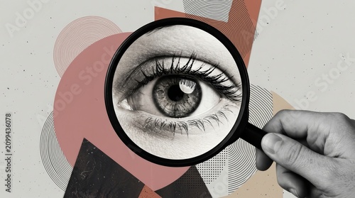 Creative art collage featuring a hand holding a magnifier zoom lens over an eyeball stare.
