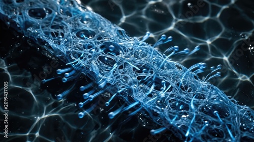 Polyethylene separator membrane, showing spherical lithium ions in motion blur, passing through porous polymer fibers amidst liquid electrolyte during battery electrochemical discharge.