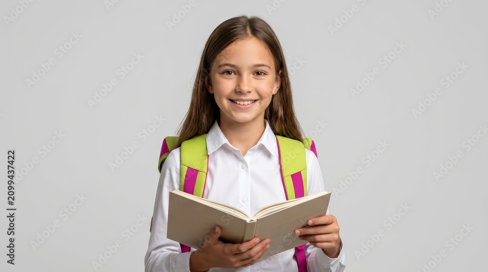 Obraz premium Cheerful pre-teen girl holding an open exercise book for homework.