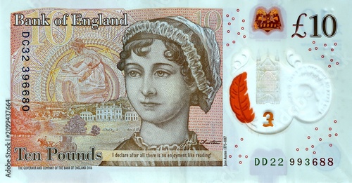 Great Britain or England pound 10 with the image of a portrait of Jane Austen