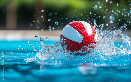 Water polo ball splashing in clear blue pool, dynamic water movement, outdoor sports, summer activity, energetic scene