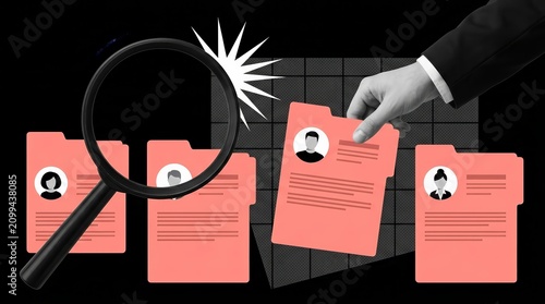 A hand chooses a business candidate profile folder from a vacancy selection.