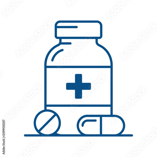 Medical prescription medication bottle and pills health care icon with medicine