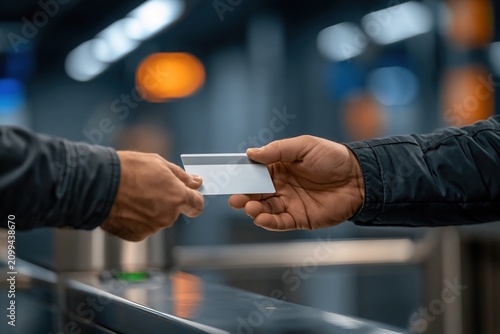 Handing over a credit card at the checkout counter.