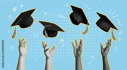 Photo collage of flying graduation hats and student hand gestures celebrating success.