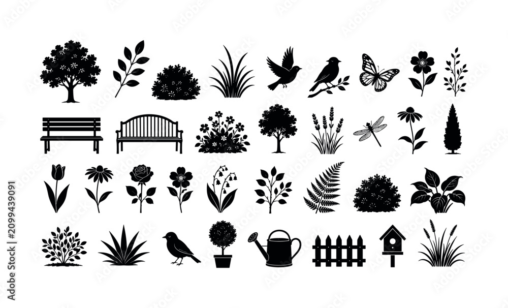 Obraz premium Collection of black silhouettes representing garden elements and nature