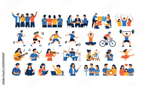 Mixed people and activity icons with groups, sports, music, business, and education symbols, people icons, activity, sports, music