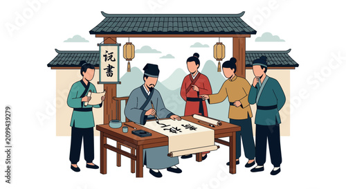 Canvas Print Ancient Chinese Scholars Studying Calligraphy and Literature