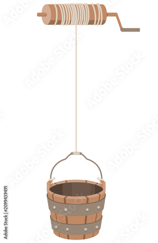 Quadro su tela Wooden well bucket hanging on rope pulley clip art