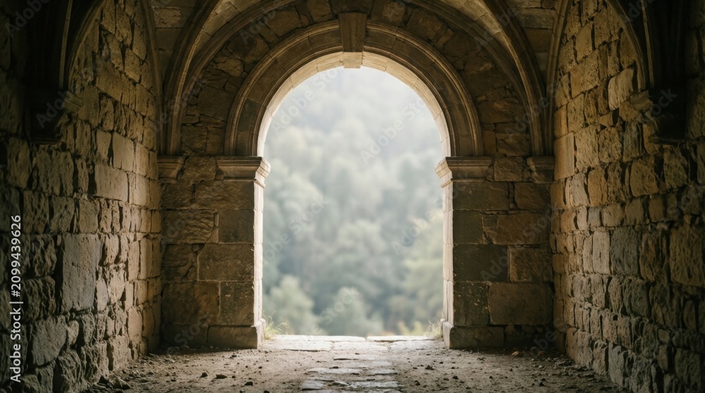Fototapeta premium Stone archway framing distant blurred forest landscape view