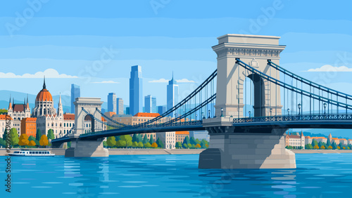 Bridge city landmark illustration with blue water, skyline, and clean travel view, bridge, city, landmark, water, skyline, blue,