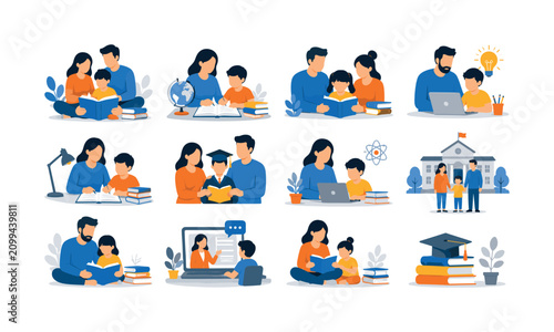 Family education scene icon set with adults, children, books, and learning support symbols, family, education, adults, children,
