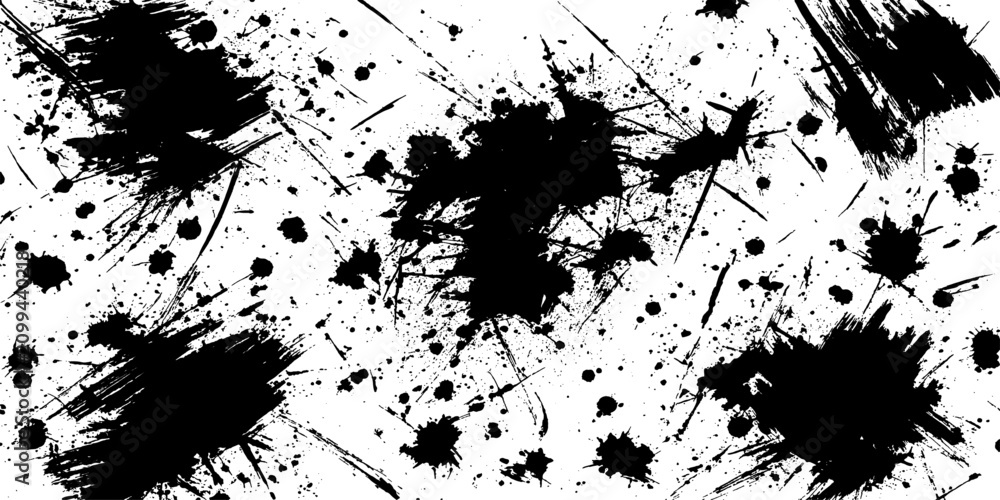 Obraz premium Abstract black ink splatter and brush strokes on a stark white background create a dynamic, chaotic pattern, suggesting artistic expression or raw energy.