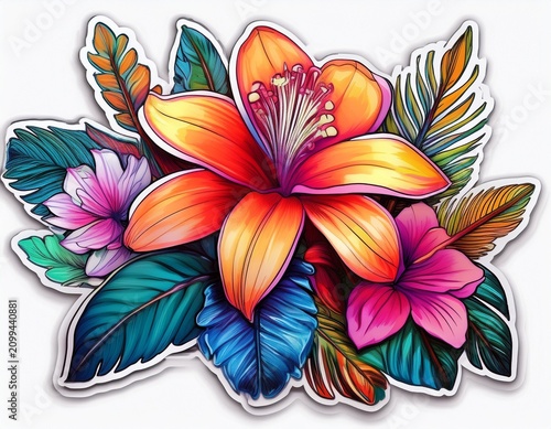 tropical flower colorful sticker vibrant style isolated on white background