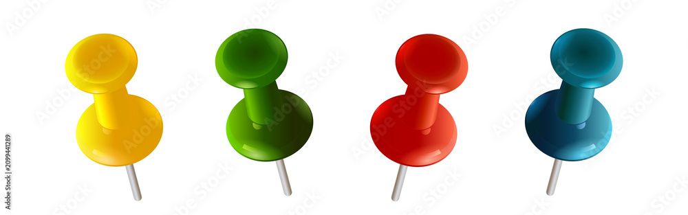 Obraz premium Four colorful push pins with shiny heads and metal needles on white background for office supplies and stationery needs transparent background