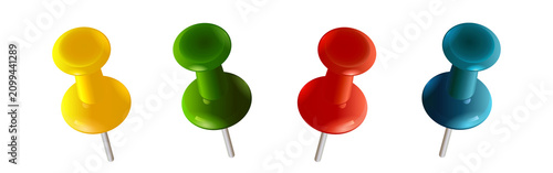 Four colorful push pins with shiny heads and metal needles on white background for office supplies and stationery needs transparent background
