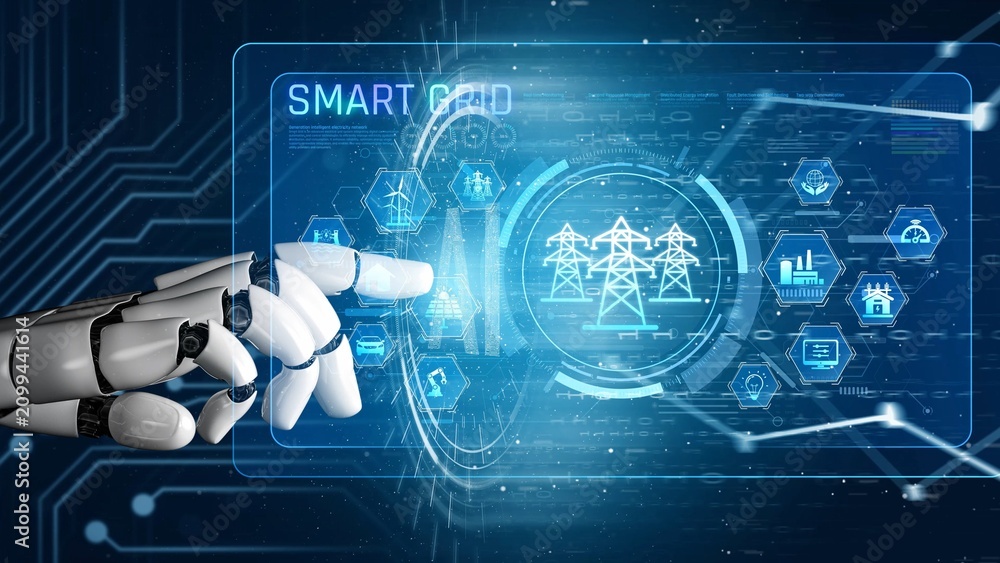 Obraz premium AI optimizes smart grid infrastructure by integrating renewable energy, managing distribution, and enabling intelligent demand response for sustainable power systems Marrow