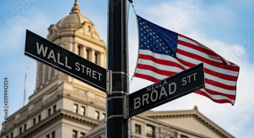 Wall Street Signpost with US Flag: Iconic street signs for Wall Street and Broad Street stand tall, adorned with a waving American flag.