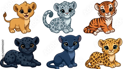 Six cartoon animals lions leopards tigers cubs kittens play together outdoors