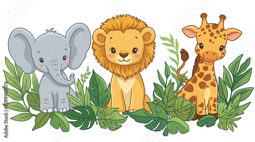 Three animals elephant lion and giraffe standing together in jungle foliage