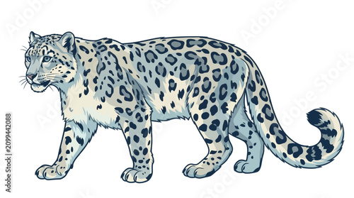 A snow leopard walks slowly across a plain landscape with its tail curled.
